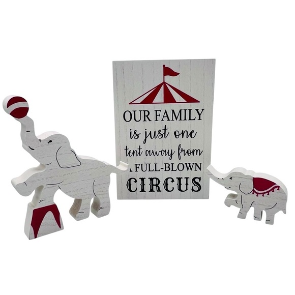 Whimsical Elephant Circus Family Red & White Wooden Sign Set of 3 Home Decor NEW - Picture 1 of 10